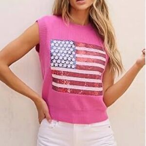 Women’s Pink Sleeveless Knit Vest Top with American Flag Sequin Design Size 2XL